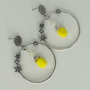 Antique Silver Tone and Yellow Hoop Earrings